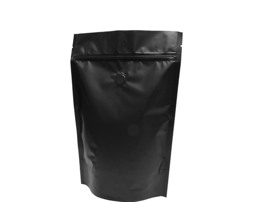 500g Stand-up Coffee Pouch | Matte Black | Standard Vent | Rip Top & Resealable Zipper | Doyen Seal