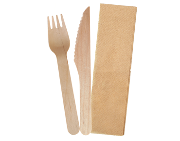 [CA-WNAPCUT] Envirocutlery® Pack: Wooden Fork, Knife & Brown Kraft Napkin