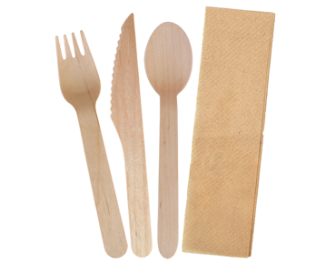 [CA-WNAPCUT3] Envirocutlery® Pack: Wooden Knife, Fork, Spoon & Brown Kraft Napkin