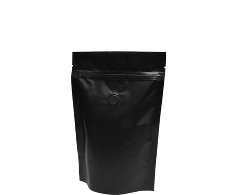 [CA-CBSU250-BLK] 250g Stand-up Coffee Pouch | Matte Black | Standard Vent | Rip Top & Resealable Zipper | Doyen Seal